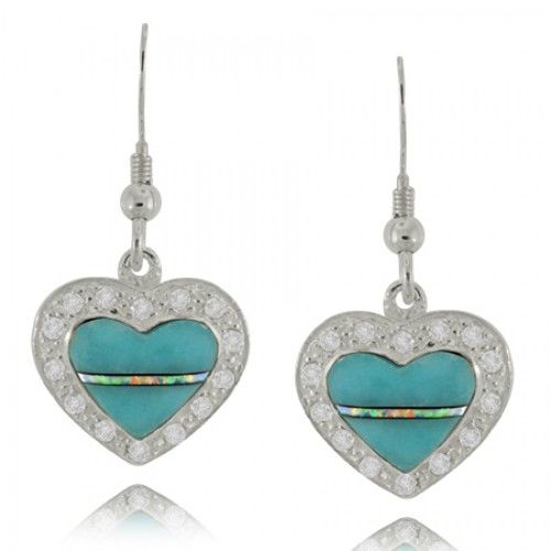 Heart Dangle Earrings with Turquoise in Sterling Silver