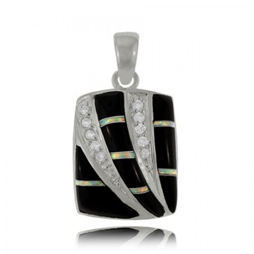 Black Onyx Pendant in Sterling Silver Cz & Opal Accent