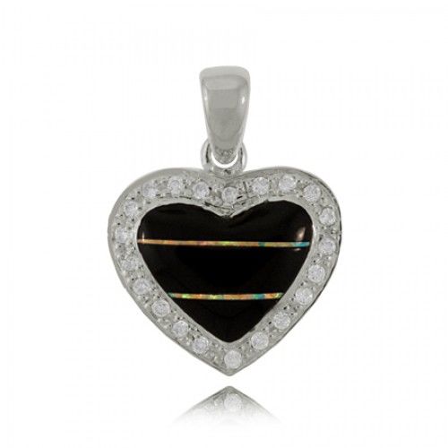 Black Heart Pendant W/ Onyx Opal & Cz - Sterling Silver