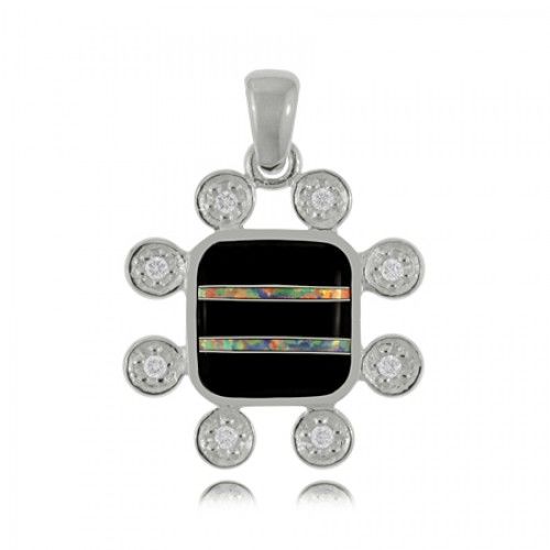 Onyx Pendant with Cz Frame in Sterling Silver W/ Opal