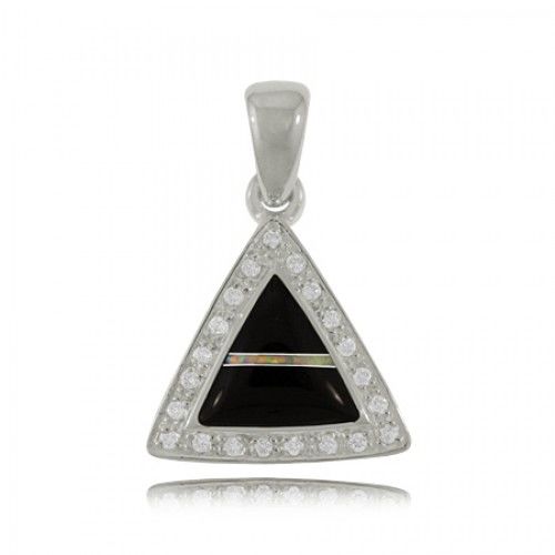 Onyx Pendant Triangle Sterling Silver W/ Cz Frame New