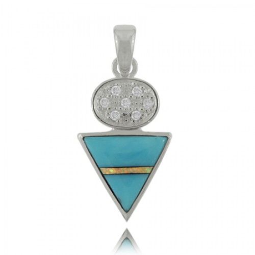 Turquoise Pendant Sterling Silver Triangle W/ Opal & Cz