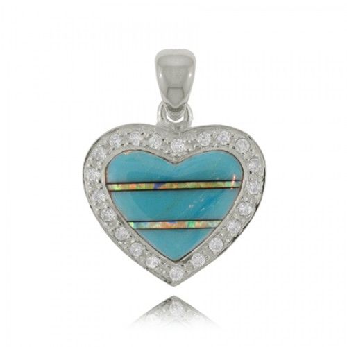 Heart Pendant W/ Turquoise in Sterling Silver Cz Frame