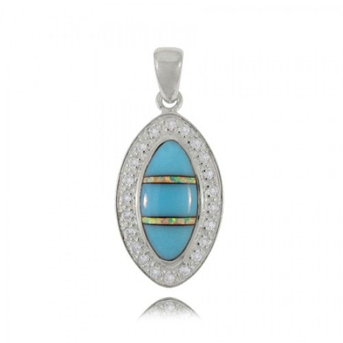 Turquoise Pendant Framed W/ Cz Stones - Sterling Silver