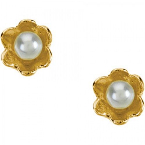 14k Yellow Gold Pearl Flower Stud Earrings For Babies & Children