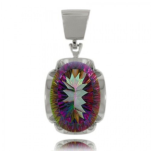 Sterling Silver Mystic Fire Topaz Pendant W/ Wavy Frame