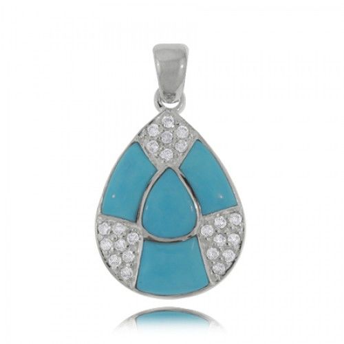 Turquoise Pendant - Sterling Silver W/ Cz Flat Back New