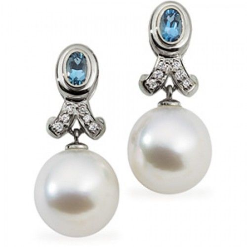 12mm Round White Pearl, Aquamarine and Diamond Earrings -18k