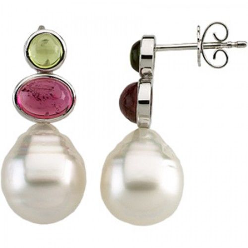 12mm Baroque White Pearl, Pink Tourmaline and Peridot Earrings -14k