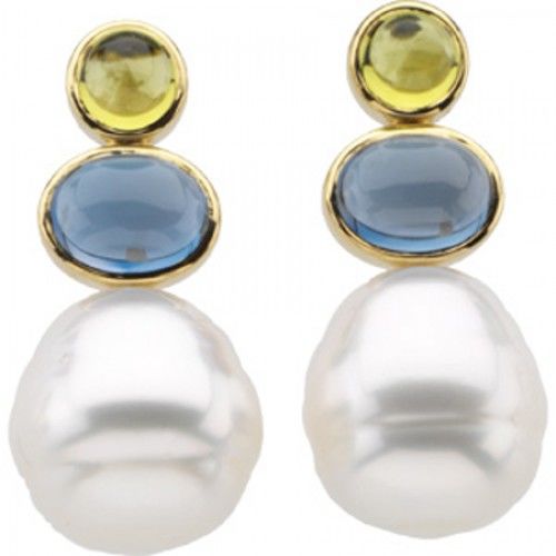 12mm Baroque White Pearl,  Blue Topaz and Peridot Earrings -14k