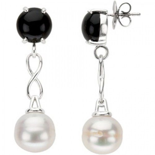 11mm Baroque White Pearl and Onyx Earrings -925 Sterling