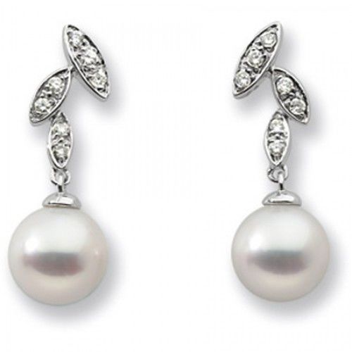 14k White Gold Round White Pearl and Diamond Earrings - 7mm