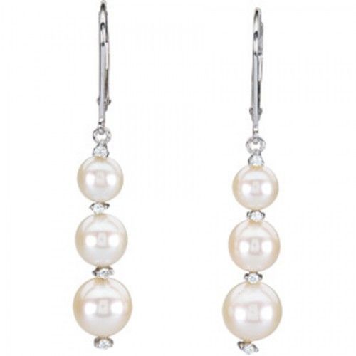 8mm Round White Pearl and Diamond Earrings -14k