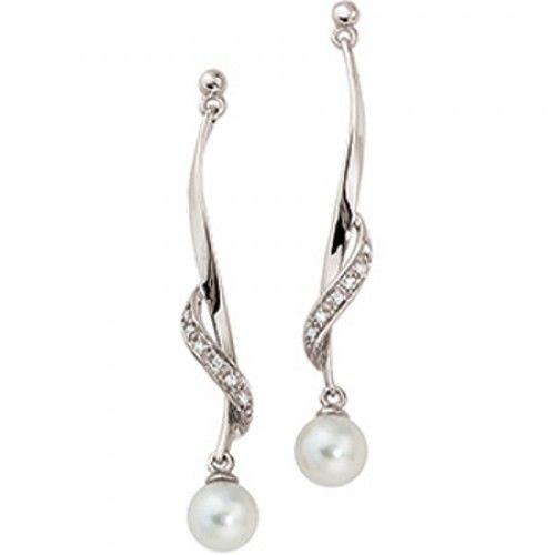 5mm Round White Pearl and Diamond Earrings -14k