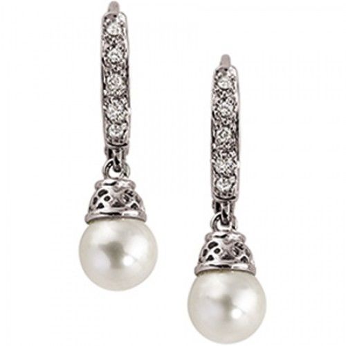 6.5mm Round White Pearl and Diamond Earrings -14k