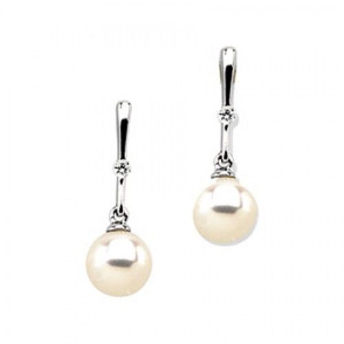 14k White Gold Round Snowy White Pearl and Diamond Earrings - 7mm