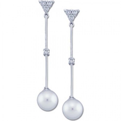 7mm Round White Pearl and Diamond Earrings -14k