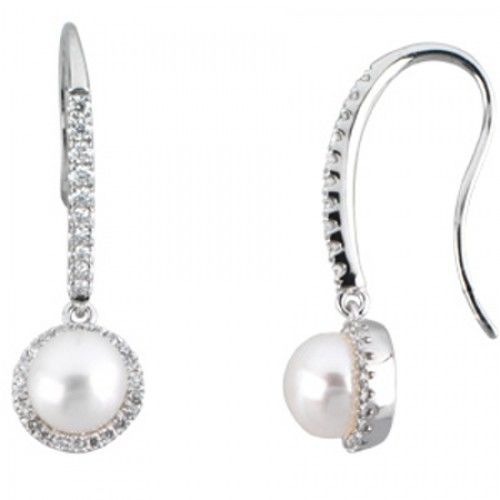 Round White Pearl and Lined Diamond Earrings - 6.5mm & 14k White Gold