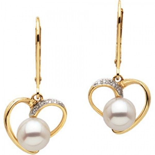 7mm Round White Pearl & Diamond Earrings -14k