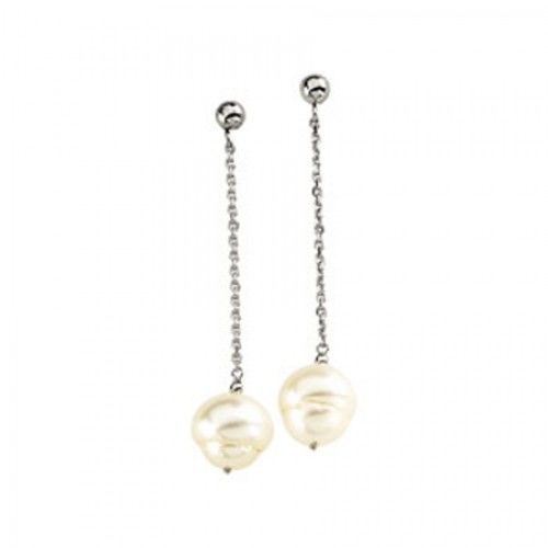 Dangling 14k White Gold Baroque White Pearl Earrings - 9mm