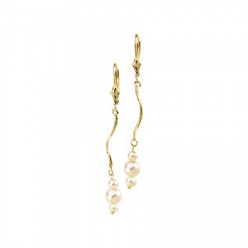 14k Yellow Gold Dangling Round Snowy White Pearl Earrings - 6mm