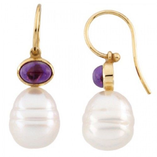 14k Yellow Gold South Sea Pearl Drop Earrings with Purple Amethyst