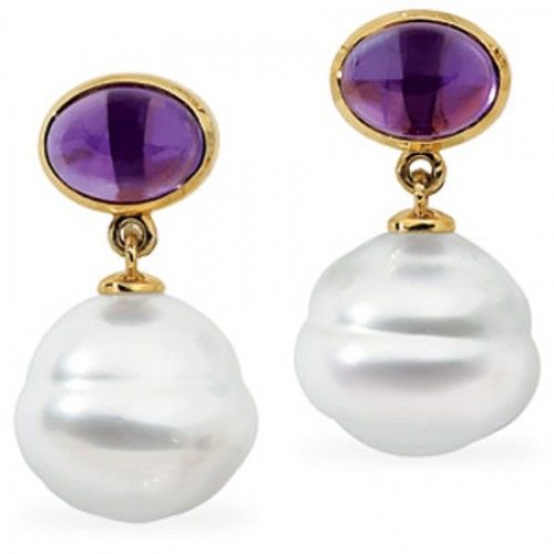 14k Yellow Gold South Sea Pearl Dangle Earrings with Purple Amethyst