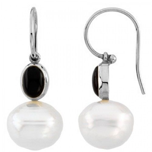14k White Gold South Sea Pearl Drop Earrings & Black Onyx