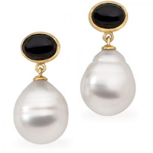 14k Yellow Gold South Sea Pearl Dangle Earrings with Oval Black Onyx