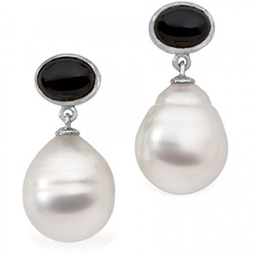 14k White Gold South Sea Pearl Dangle Earrings with Oval Black Onyx