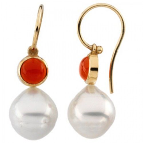 South Sea Pearl Drop Earrings with Orange Carnelian