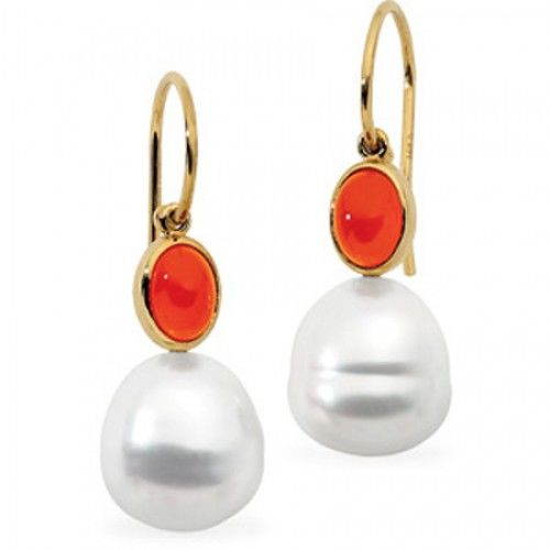 14k Yellow Gold South Sea Pearl Drop Earrings with Orange Carnelian