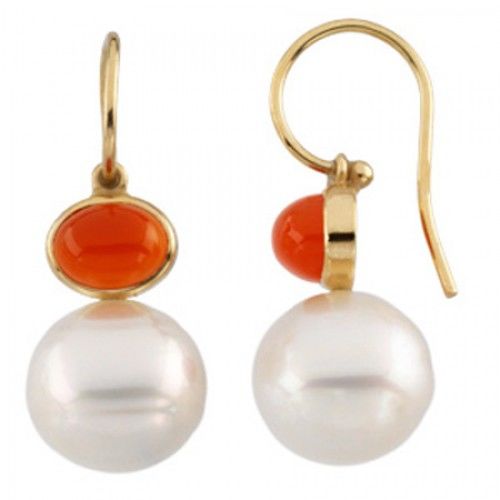 14k Yellow Gold South Sea Pearl Drop Earrings & Orange Carnelian