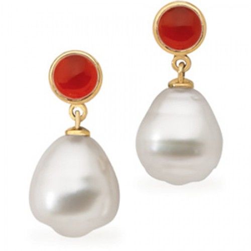 14k Yellow Gold South Sea Pearl Dangle Earrings W/ Oval Orange Carnelian