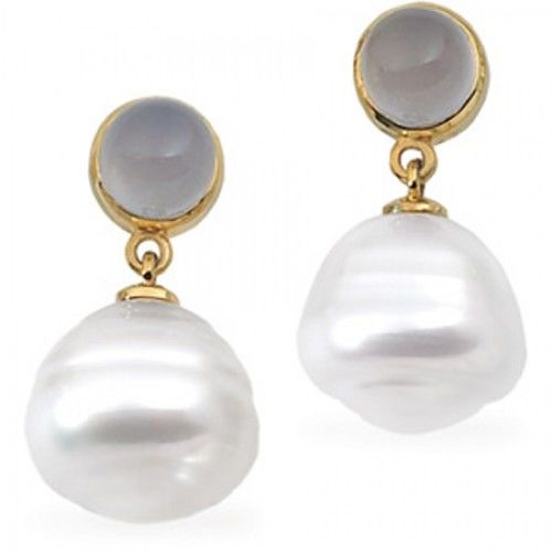 14k Yellow Gold South Sea Pearl Dangle Earrings with Gray Chalcedony