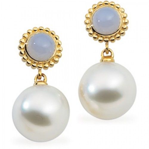 12mm Round White Pearl and Chalcedony Earrings -18k