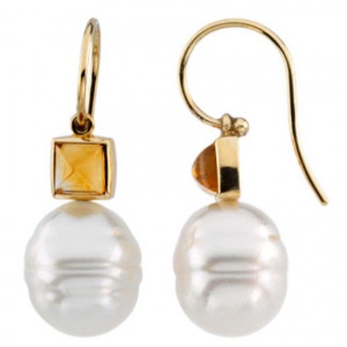 14k Yellow Gold South Sea Pearl Drop Earrings with Orange Citrine