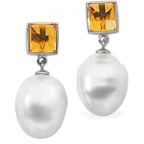 South Sea Pearl Dangle Earrings & Orange Citrine
