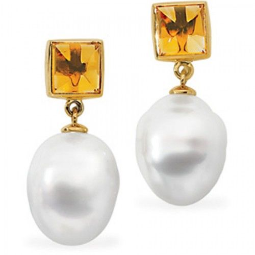 14k Yellow Gold South Sea Pearl Dangle Earrings & Orange Citrine