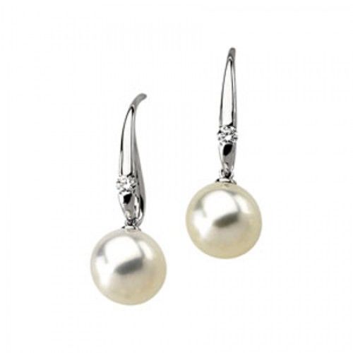 11.5mm Round White Pearl and Diamond Earrings -14k