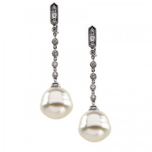 11mm Baroque White Pearl and Diamond Earrings -14k
