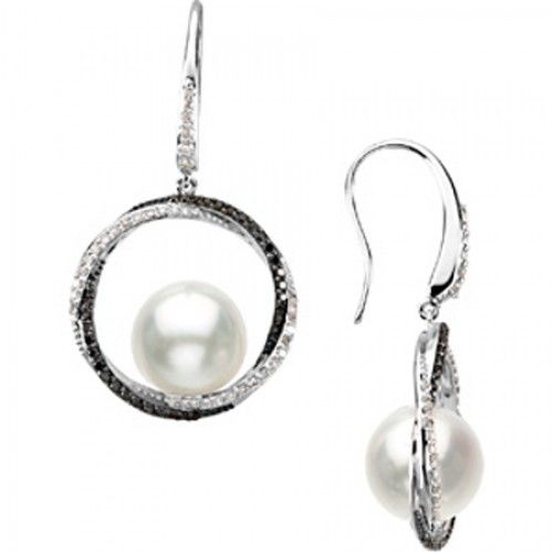 14k White Gold Round White Pearl & Diamond Earrings