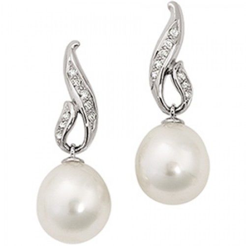 12mm Tear Drop White Pearl and Diamond Earrings -14k