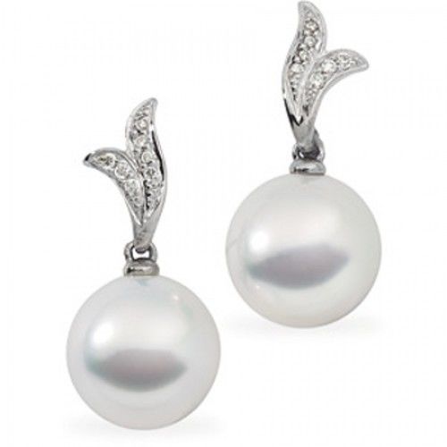 18k White Gold Round White Pearl and Diamond Earrings - 13mm