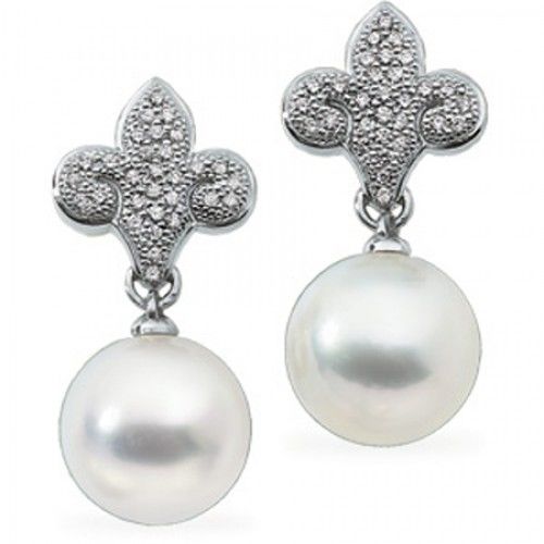 Fleur De Lis 18k White Gold Round White Pearl and Diamond Earrings