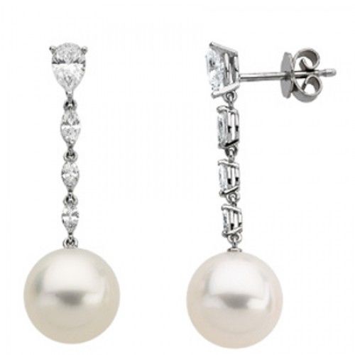18k White Gold Round White Pearl and Falling Diamond Earrings