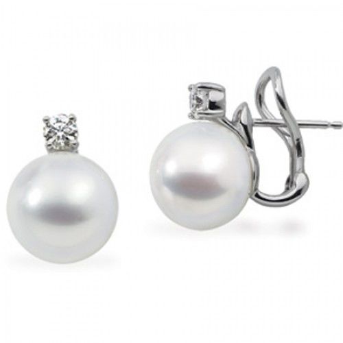 18k White Gold Round White Pearl and Solitaire Diamond Earrings