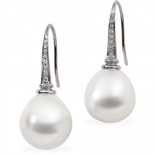 14mm Round White Pearl and Diamond Earrings -18k