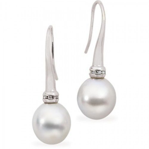 18k White Gold Round White Pearl and Diamond Earrings - 10mm