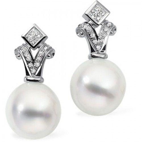 18k White Gold Round White Pearl and Ornate Diamond Earrings
